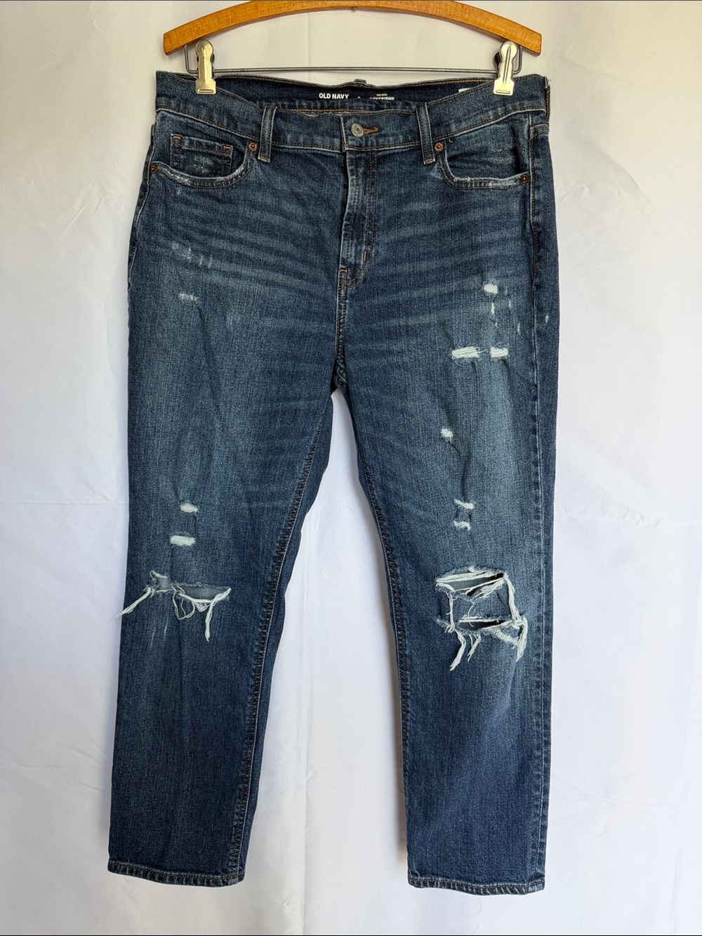 Old Navy Women's 8 Distressed Blue Straight-Leg Jeans mid-rise boyfriend EUC